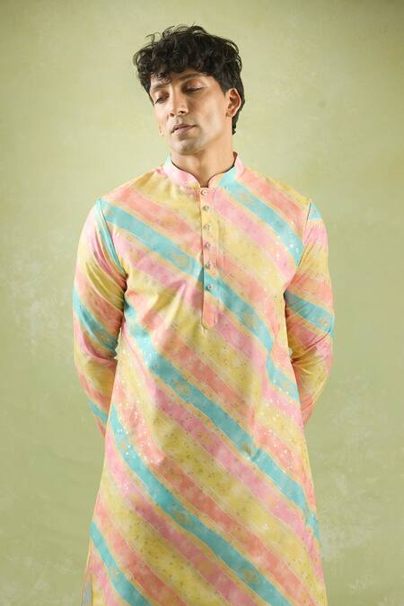 Arihant Rai Sinha_Yellow Cotton Foil Printing Gradient Stripe Kurta _Online_at_Aza_Fashions