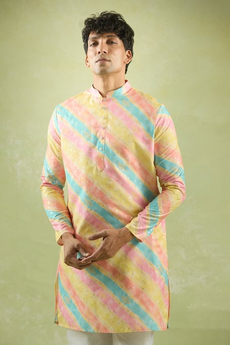 Buy_Arihant Rai Sinha_Yellow Cotton Foil Printing Gradient Stripe Kurta _Online_at_Aza_Fashions
