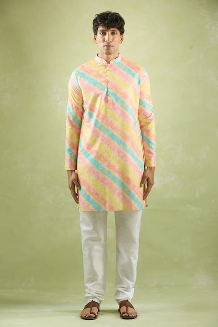 Shop_Arihant Rai Sinha_Yellow Cotton Foil Printing Gradient Stripe Kurta _Online_at_Aza_Fashions