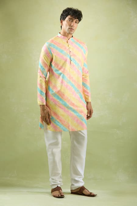 Arihant Rai Sinha_Yellow Cotton Foil Printing Gradient Stripe Kurta _at_Aza_Fashions