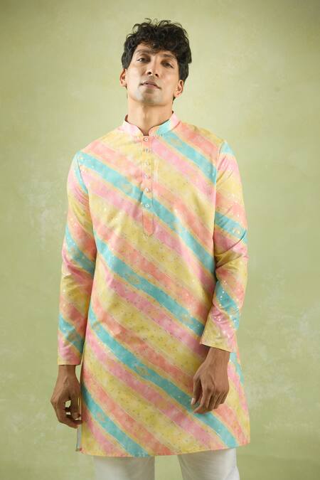 Buy_Arihant Rai Sinha_Yellow Cotton Foil Printing Gradient Stripe Kurta 