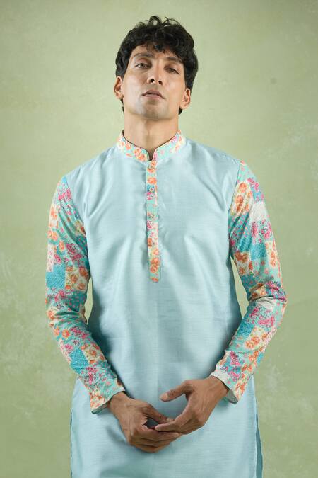 Arihant Rai Sinha_Blue Silk Embroidery Placed Collage Print Kurta _Online_at_Aza_Fashions