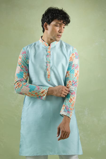Buy_Arihant Rai Sinha_Blue Silk Embroidery Placed Collage Print Kurta _Online_at_Aza_Fashions