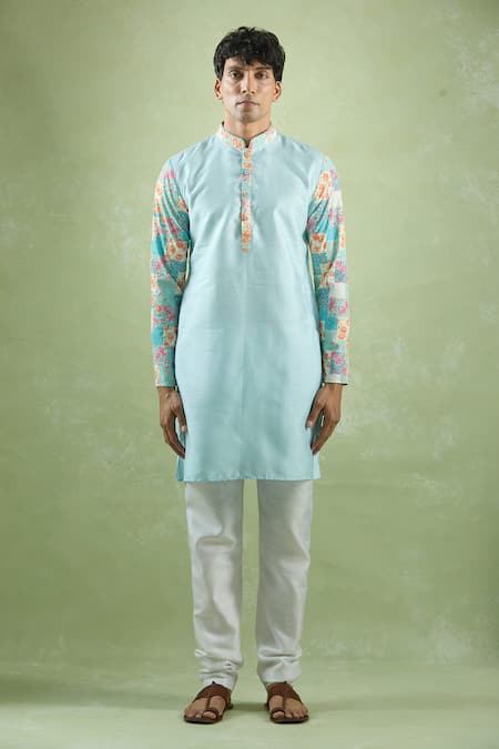 Shop_Arihant Rai Sinha_Blue Silk Embroidery Placed Collage Print Kurta _Online_at_Aza_Fashions
