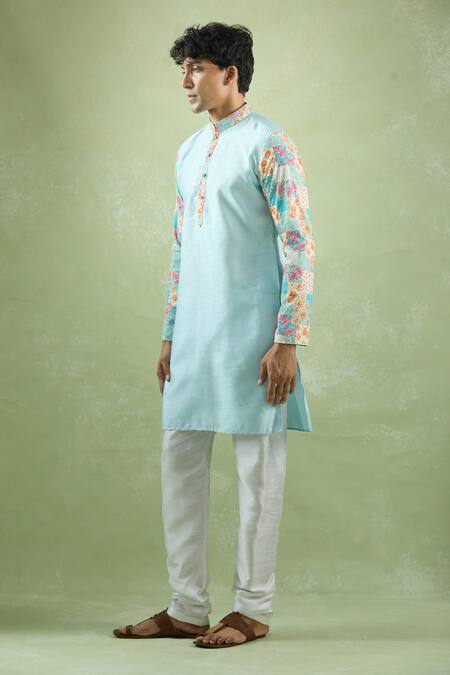 Arihant Rai Sinha_Blue Silk Embroidery Placed Collage Print Kurta _at_Aza_Fashions