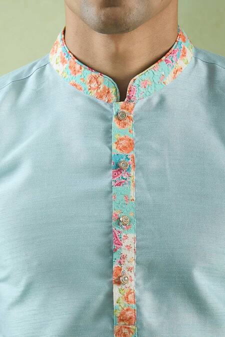 Buy_Arihant Rai Sinha_Blue Silk Embroidery Placed Collage Print Kurta 