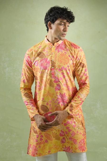 Buy_Arihant Rai Sinha_Yellow Cotton Foil Printing Floral Kurta _Online_at_Aza_Fashions