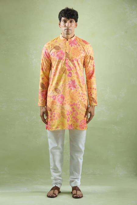 Shop_Arihant Rai Sinha_Yellow Cotton Foil Printing Floral Kurta _Online_at_Aza_Fashions