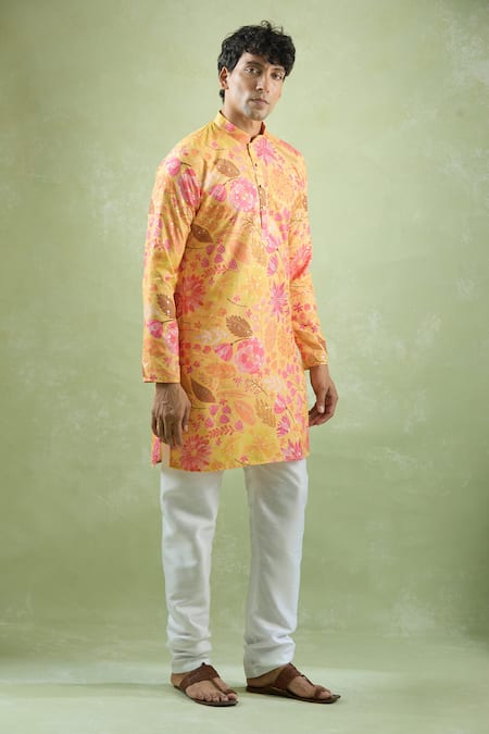 Buy_Arihant Rai Sinha_Yellow Cotton Foil Printing Floral Kurta 