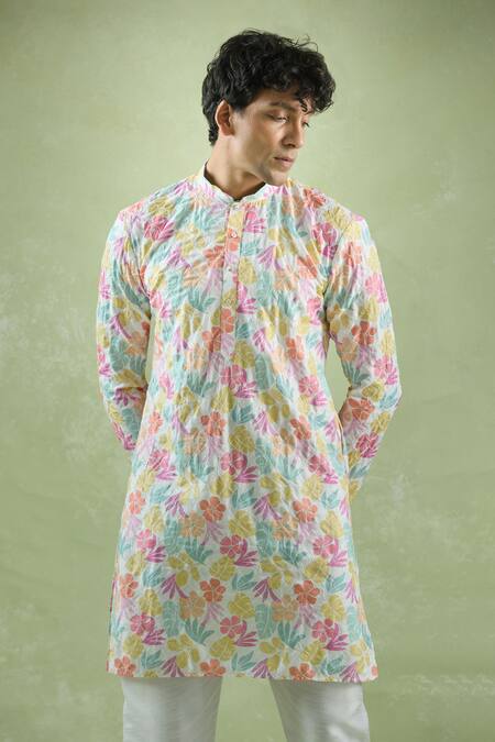Arihant Rai Sinha White Cotton Embroidery Multicolor Threadwork Kurta Online at Aza Fashions Arihant Rai Sinha_White Cotton Embroidery Multicolor Threadwork Kurta _Online_at_Aza_Fashions