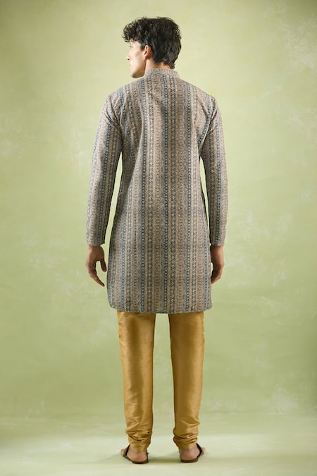 Shop_Arihant Rai Sinha_Grey Cotton Embroidery Stripe Pattern Kurta _at_Aza_Fashions