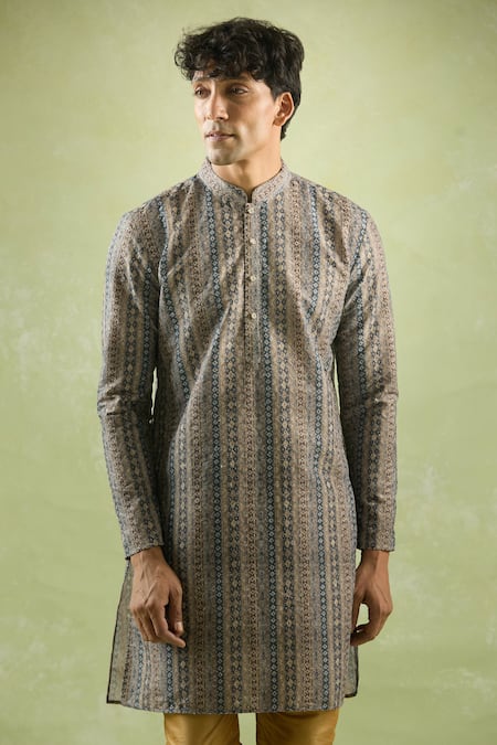 Arihant Rai Sinha_Grey Cotton Embroidery Stripe Pattern Kurta _Online_at_Aza_Fashions