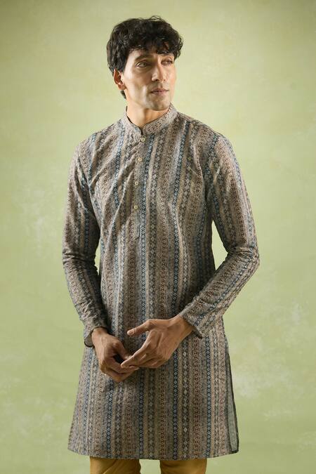 Buy_Arihant Rai Sinha_Grey Cotton Embroidery Stripe Pattern Kurta _Online_at_Aza_Fashions