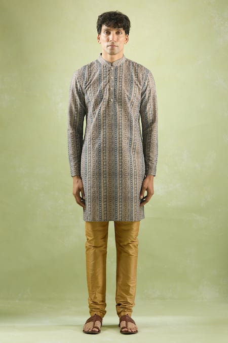 Shop_Arihant Rai Sinha_Grey Cotton Embroidery Stripe Pattern Kurta _Online_at_Aza_Fashions