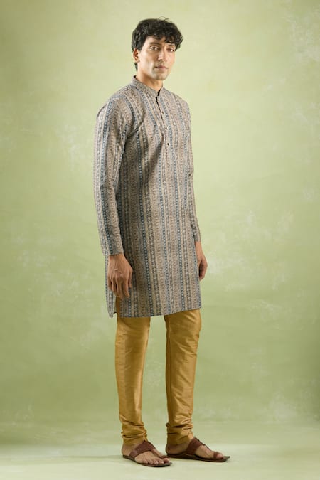 Buy_Arihant Rai Sinha_Grey Cotton Embroidery Stripe Pattern Kurta 