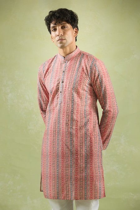 Arihant Rai Sinha Pink Cotton Embroidery Stripe Pattern Threadwork Kurta Online at Aza Fashions Arihant Rai Sinha_Pink Cotton Embroidery Stripe Pattern Threadwork Kurta _Online_at_Aza_Fashions
