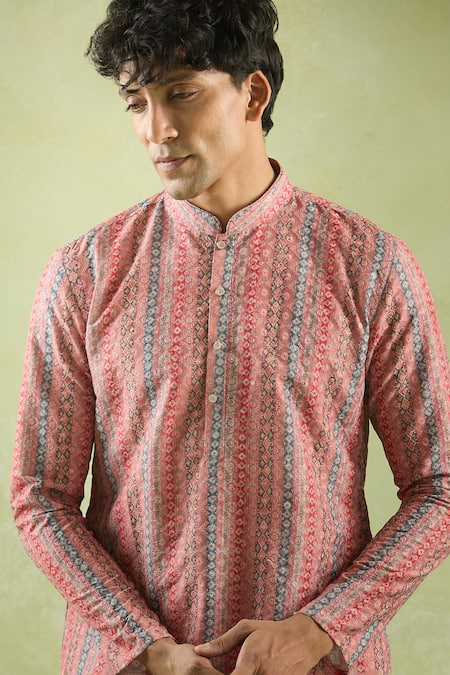 Buy Arihant Rai Sinha Pink Cotton Embroidery Stripe Pattern Threadwork Kurta Online at Aza Fashions Buy_Arihant Rai Sinha_Pink Cotton Embroidery Stripe Pattern Threadwork Kurta _Online_at_Aza_Fashions