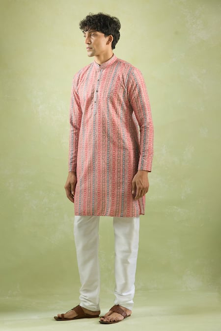 Shop Arihant Rai Sinha Pink Cotton Embroidery Stripe Pattern Threadwork Kurta Online at Aza Fashions Shop_Arihant Rai Sinha_Pink Cotton Embroidery Stripe Pattern Threadwork Kurta _Online_at_Aza_Fashions