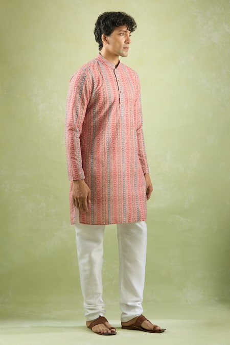 Arihant Rai Sinha Pink Cotton Embroidery Stripe Pattern Threadwork Kurta at Aza Fashions Arihant Rai Sinha_Pink Cotton Embroidery Stripe Pattern Threadwork Kurta _at_Aza_Fashions