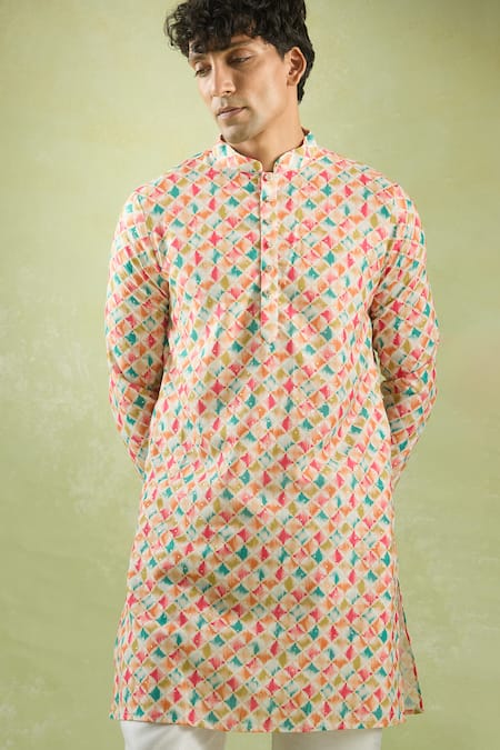 Arihant Rai Sinha_Cream Cotton Foil Printing Checkered Kurta _Online_at_Aza_Fashions