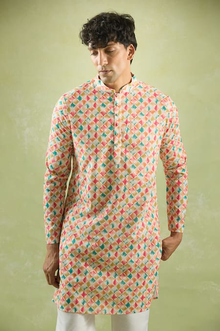 Buy_Arihant Rai Sinha_Cream Cotton Foil Printing Checkered Kurta _Online_at_Aza_Fashions