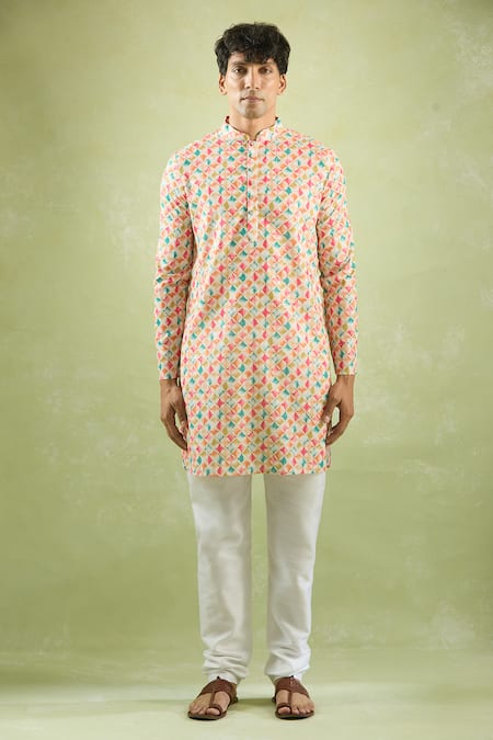 Shop_Arihant Rai Sinha_Cream Cotton Foil Printing Checkered Kurta _Online_at_Aza_Fashions