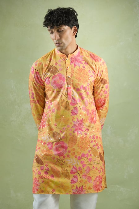 Buy_Arihant Rai Sinha_Yellow Cotton, Silk, Chanderi Floral Print Kurta Set _Online_at_Aza_Fashions