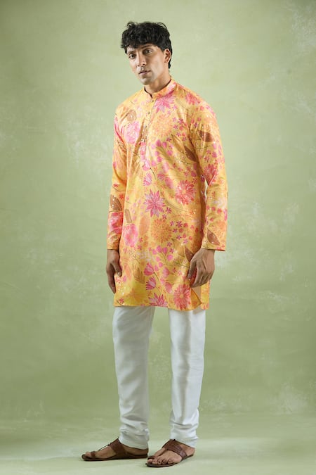Arihant Rai Sinha_Yellow Cotton, Silk, Chanderi Floral Print Kurta Set _at_Aza_Fashions