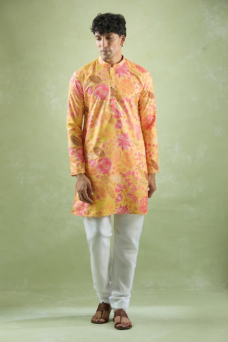 Shop_Arihant Rai Sinha_Yellow Cotton, Silk, Chanderi Floral Print Kurta Set 
