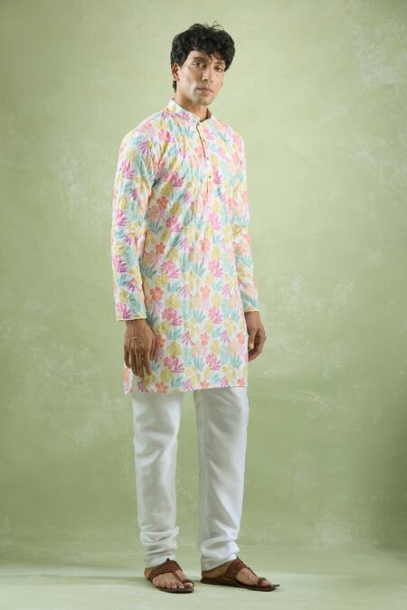 Arihant Rai Sinha_White Cotton Embroidery Mughal Kurta Set _at_Aza_Fashions