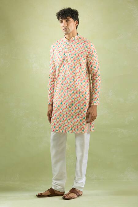 Shop_Arihant Rai Sinha_Cream Cotton, Silk, Chanderi Foil Printing Abstract Kurta Set _Online_at_Aza_Fashions