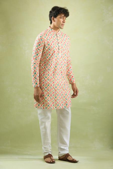 Arihant Rai Sinha_Cream Cotton, Silk, Chanderi Foil Printing Abstract Kurta Set _at_Aza_Fashions