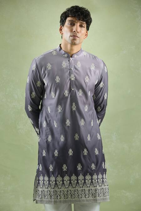 Arihant Rai Sinha_Purple Cotton, Silk, Chanderi Embroidery Floral Kurta Set _Online_at_Aza_Fashions