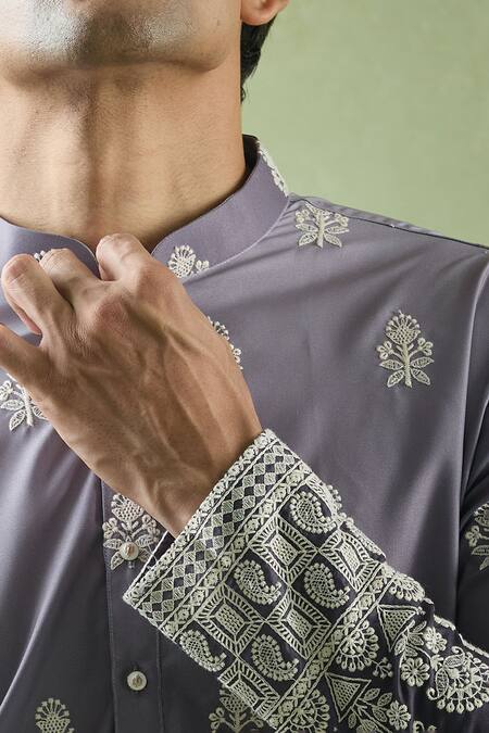 Buy_Arihant Rai Sinha_Purple Cotton, Silk, Chanderi Embroidery Floral Kurta Set _Online_at_Aza_Fashions