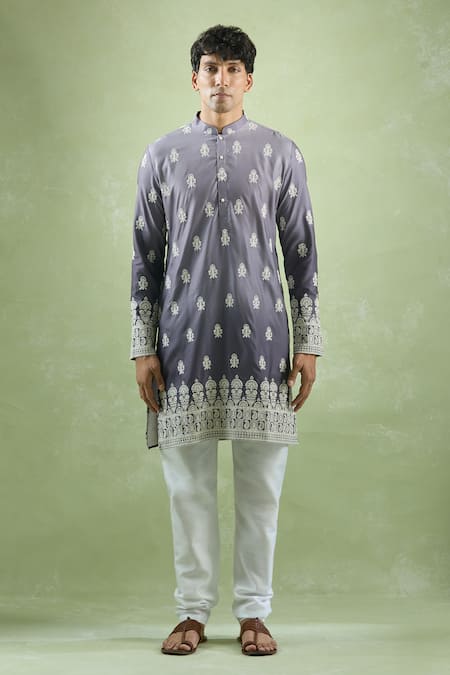 Shop_Arihant Rai Sinha_Purple Cotton, Silk, Chanderi Embroidery Floral Kurta Set _Online_at_Aza_Fashions