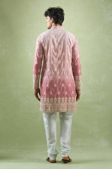 Shop Arihant Rai Sinha Pink Cotton, Chanderi Silk Embroidery Ombre Kurta Set at Aza Fashions Shop_Arihant Rai Sinha_Pink Cotton, Chanderi Silk Embroidery Ombre Kurta Set_at_Aza_Fashions