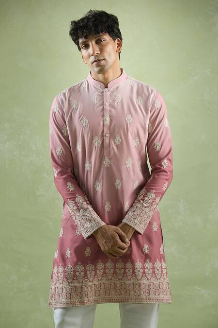 Arihant Rai Sinha Pink Cotton, Chanderi Silk Embroidery Ombre Kurta Set Online at Aza Fashions Arihant Rai Sinha_Pink Cotton, Chanderi Silk Embroidery Ombre Kurta Set_Online_at_Aza_Fashions