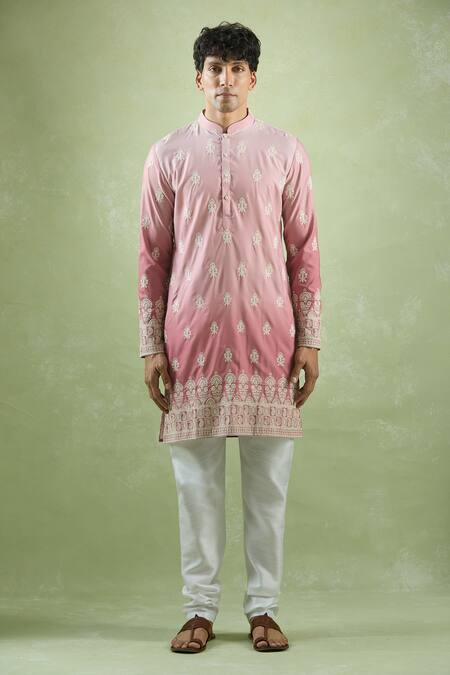 Shop Arihant Rai Sinha Pink Cotton, Chanderi Silk Embroidery Ombre Kurta Set Online at Aza Fashions Shop_Arihant Rai Sinha_Pink Cotton, Chanderi Silk Embroidery Ombre Kurta Set_Online_at_Aza_Fashions