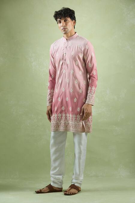 Arihant Rai Sinha Pink Cotton, Chanderi Silk Embroidery Ombre Kurta Set at Aza Fashions Arihant Rai Sinha_Pink Cotton, Chanderi Silk Embroidery Ombre Kurta Set_at_Aza_Fashions
