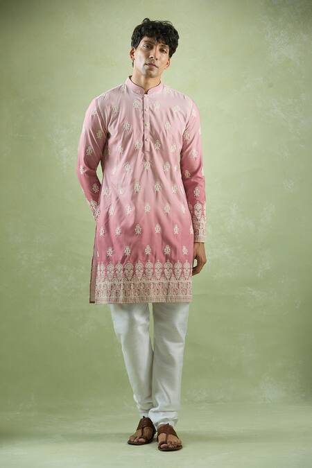 Shop Arihant Rai Sinha Pink Cotton, Chanderi Silk Embroidery Ombre Kurta Set Shop_Arihant Rai Sinha_Pink Cotton, Chanderi Silk Embroidery Ombre Kurta Set