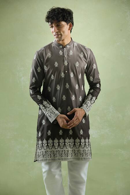 Arihant Rai Sinha_Grey Cotton, , Chanderi Embroidery Flower Kurta Set _Online_at_Aza_Fashions