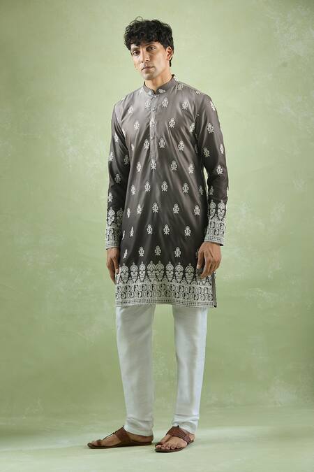 Shop_Arihant Rai Sinha_Grey Cotton, , Chanderi Embroidery Flower Kurta Set _Online_at_Aza_Fashions