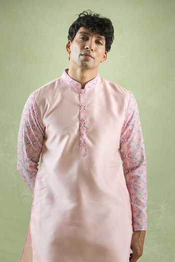 Arihant Rai Sinha_Pink Silk Embroidery Geometric Printed Sleeve Kurta Set _Online_at_Aza_Fashions