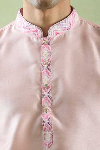 Buy_Arihant Rai Sinha_Pink Silk Embroidery Geometric Printed Sleeve Kurta Set _Online_at_Aza_Fashions