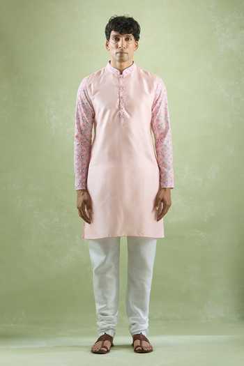 Shop_Arihant Rai Sinha_Pink Silk Embroidery Geometric Printed Sleeve Kurta Set _Online_at_Aza_Fashions