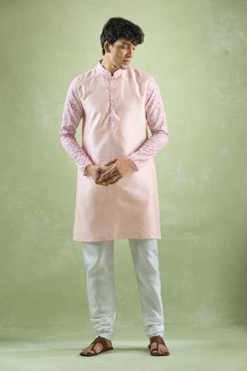 Arihant Rai Sinha_Pink Silk Embroidery Geometric Printed Sleeve Kurta Set _at_Aza_Fashions