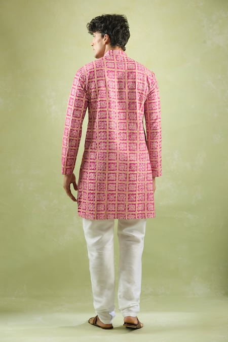Shop Arihant Rai Sinha Pink Cotton, Silk, Chanderi Sequins, Embroidery Bandhani Print Kurta Set at Aza Fashions Shop_Arihant Rai Sinha_Pink Cotton, Silk, Chanderi Sequins, Embroidery Bandhani Print Kurta Set _at_Aza_Fashions