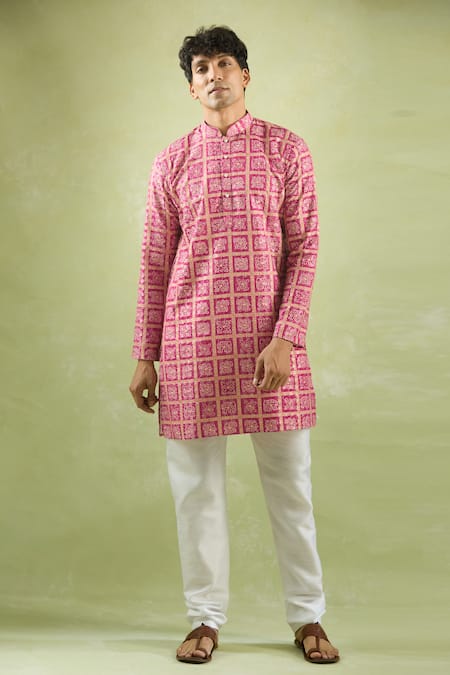 Arihant Rai Sinha Pink Cotton, Silk, Chanderi Sequins, Embroidery Bandhani Print Kurta Set Online at Aza Fashions Arihant Rai Sinha_Pink Cotton, Silk, Chanderi Sequins, Embroidery Bandhani Print Kurta Set _Online_at_Aza_Fashions