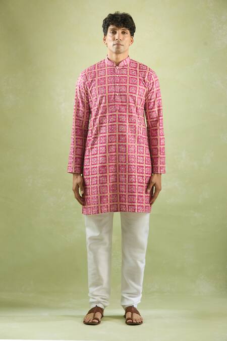 Shop Arihant Rai Sinha Pink Cotton, Silk, Chanderi Sequins, Embroidery Bandhani Print Kurta Set Online at Aza Fashions Shop_Arihant Rai Sinha_Pink Cotton, Silk, Chanderi Sequins, Embroidery Bandhani Print Kurta Set _Online_at_Aza_Fashions