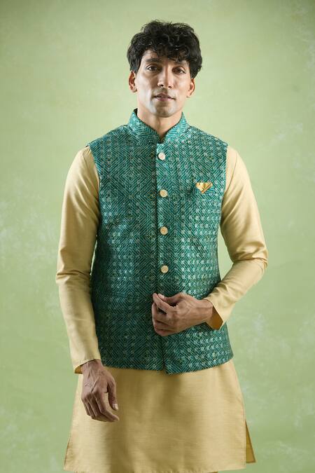 Arihant Rai Sinha Green Cotton, Silk Sequins, Embroidery Bandhani Print Bundi And Kurta Set Online at Aza Fashions Arihant Rai Sinha_Green Cotton, Silk Sequins, Embroidery Bandhani Print Bundi And Kurta Set _Online_at_Aza_Fashions